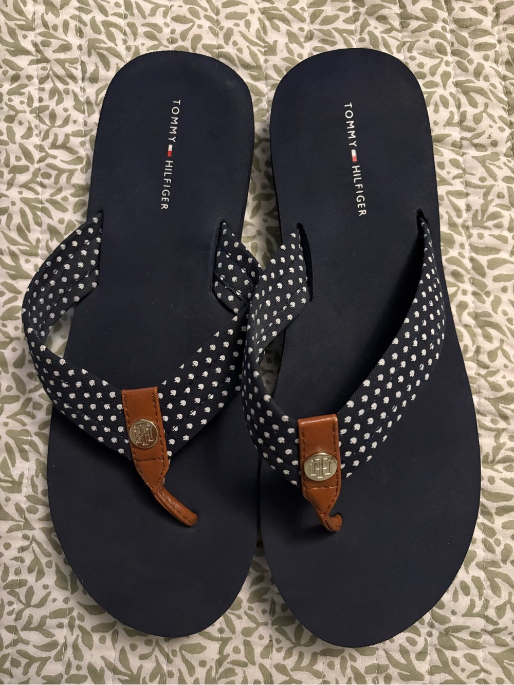 Tommy Hilfiger Navy Polka Dot Thong Sandals with Brown Accents